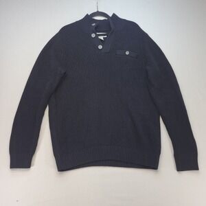 Duluth Trading Co Henley Sweater Mens L Navy Blue Ribbed Wool Blend Elbow Patch